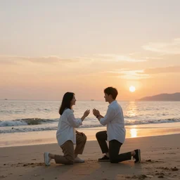dream beach proposal at sunset, hyper realistic, high resolution