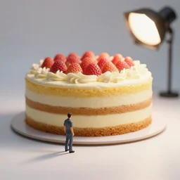 photo still of miniature man next to giant cake 8 k, studio lighting bright ambient lighting key light, 8 5 mm f 1. 8