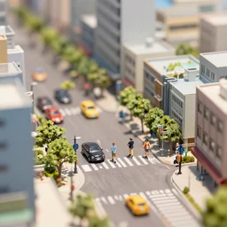 tiny miniature anime city, trafic, beautiful,  people, sunny, depth of field, tilt shift effect