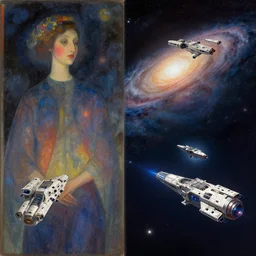 spaceships seeding the galaxy with ai art prompts in the style of alphonso mucha, artstation, masterpiece, cgstudio, octane render, hyperdetailed, cinematic