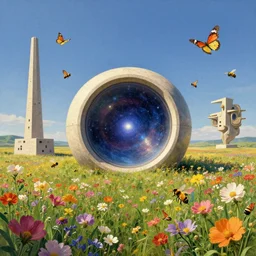 intergalactic stargate portal in the middle of a field of flowers, with bees and butterflies all around it by frank lloyd wright and nicholas roerich, style of inception dream