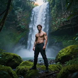 photorealistic wide shot focus portrait of Taz posing, under waterfall, jungle, green moss, bokeh, octane render, unreal engine 4k, volumetric lighting, mist, twilight, detailed