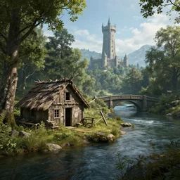 a shack in the woods near a river, little medieval bridge over river,!!! sauron tower in background!!!, realistic, octane render, ultra detailed, artstation award winner