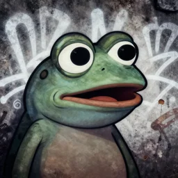 highly detailed closeup of a moody pepe the frog by atey ghailan, by greg rutkowski, by greg tocchini, by james gilleard, by joe fenton, by kaethe butcher, gradient, blue, black, brown and white color scheme muted tones, grunge aesthetic!!! white graffiti tag wall background