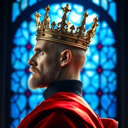 detailed side - view portrait of a bald king, no beard, astral royal crown with small spikes, red coat gothic stained glass window, shiny blue background, very masterful, backlit