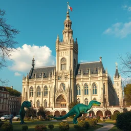 city of munich, historical, detailed, with dinosaurs