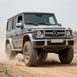 photo of a mercedes - benz g - class driving off road, dust, dirt, dirty lens