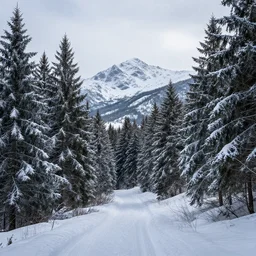 A winter landscape of a forest with mountains in the background