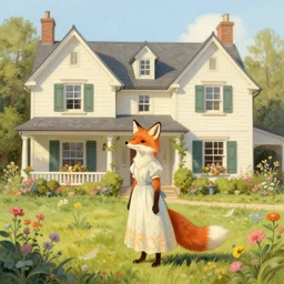 an anthropomorphic fox stands outside her beautiful country home wearing a flowing dress, surrounded by flowers and shrubs, illustration by Mary Jane Begin, Steven James Petruccio, Keren Katz, Thomas Kinkade, lois van baarle