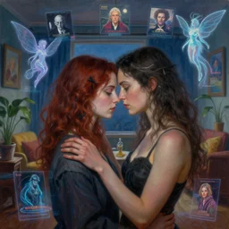 a highly detailed beautiful masterpiece closeup painting of a technomancer man and woman attached by love in a living room of a house. there is one living room plant to the side of the room, surrounded by synthesized ai djinn hologram, cover artwork by francis bacon and jenny seville and genieve figgis, midnight hour, part by adrian ghenie, part by jeffrey smith, part by josan gonzales, part by norman rockwell, part by phil hale, part by kim dorland, artstation, highly detailed