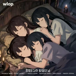 girls sleeping in a cuddle in a cozy room - poster by wlop, kiyohara tama, krenz cushart, masamune shirow, makoto shinkai. featured on pixiv, anime aesthetic, pixiv, anime, warm aesthetic, cold tones, artstation, vanitas, official art, gothic, noise film photo. detailed face