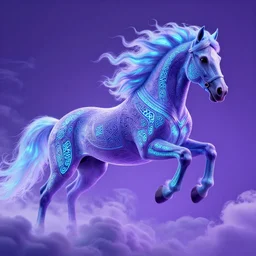 a stunning horse with bioluminescent mane and tail jumping in the clouds by sandra chevrier and greg rutkowski, purple blue color scheme, celtic neon runes, vaporware, retro, outrun, high key lighting, volumetric light, digital art, highly detailed, fine detail, intricate, ornate, complex, octane render, unreal engine, photorealistic