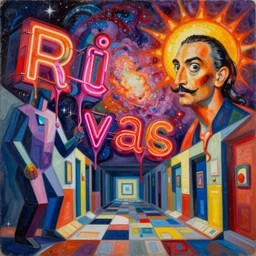 a detailed photorealistic surrealism painting of neon cast glass calligraphy cubism figures melting into a warm picasso galaxy landscape by dali and zaha hadid, vivid colors, complimentary colors, melting sun, melting 4d cubes, hallway landscape, 8k, hd, high quality, high contrast, acrylic oil on canvas