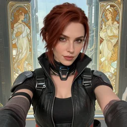 woman who looks like a character wearing cyberpunk clothing in a sci - fi city, high detail, crisp shading, in the style of greg rutkowski and alphonse mucha and lisa frank, selfie