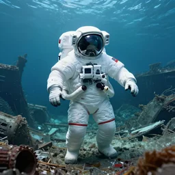 underwater photographs of american white spacesuit chubby astronaut in postapocalyptic abandoned destroyed deep sea times square, wrecked buildings, destroyed flipped wrecked cars, underwater polaroid photo, vintage, neutral colors, underwater, by shawn heinrichs and gregory crewdson