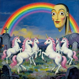 A herd of unicorns dancing on a rave in a graveyard under a rainbow in the sky, epic painting by Salvador Dali