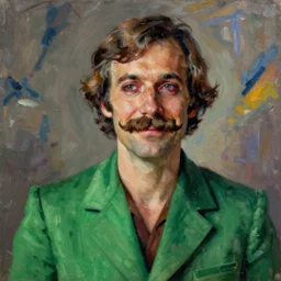 portrait of a melancholy detective with 70s mutton chops and moustache, wearing a 1970s green blazer with a tapered collar, looking soulfully out and grinning with bloodshot eyes, 44 years old mature caucasian male in the style of Jenny Saville, Alex Kanevsky, Wassily Kandinsky, expressive, atmospheric, textured brush strokes, impressionism