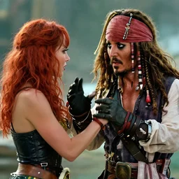 red hair mera from aquaman played by amber heard fights captain jack sparrow played by johnny depp, motion blur, real life, spotted, leaked, ultra realistic face, accurate, 4 k, movie still, uhd, sharp, detailed, cinematic, render, modern