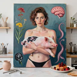 a portrait in a female artist's kitchen, a queer woman holding a piglet, ct scan of skull, surgical equipment, pottery, australian wildflowers, a brain, feminine, organic, octopus, squashed berries, pancakes, black underwear, neo - expressionism, surrealism, acrylic and spray paint and oilstick on canvas