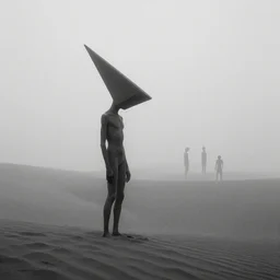 long subtle humanoid from another planet with big triangle head, lost in the foggy dunes, by simon stalenhag, evelyn de morgan and greg rutkowsky, monochrome