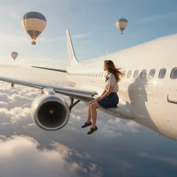 photorealistic very wide shot of a girl sitting on the wing of a flying passenger airplane, side view, very windy, sunny morning light, hot air balloons in the distance, hdr, volumetric lighting, intricate details, detailed digital artstation concept by noriyoshi ohrai and john william waterhouse and krenz cushart, octane render