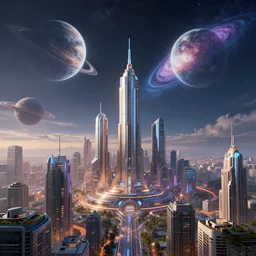 inside a futuristic city with planets and galaxies in the sky, 4k, HDR, award-winning, landscape, octane render, artstation