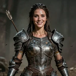sweated  smiling ancient princess tribewoman  in berserk, partially destroyed armor inspired monster hunter, low shot camera, muscular, symmetrical face, clean face, subtle make up, debris and arrows flies around her, frozen time effect,dramatic lighting, cinematic, establishing shot, extremely high detail, photorealistic, 300 the movie,monster hunter the movie, dune the movie, cinematic lighting, artstation, octane render, western,old photo, vintage