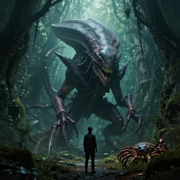 by oka yasutomo and anna dittmann, visually stunning, cinematic, ultra realistic, hyper realism, 1 2 k, epic, octane render, unreal engine, vfx, maya, the mind flayer, ultra complex world in a box in the dark, liminal space, ancient forest, 🦀👁 stranger in a strange place 👁🦀