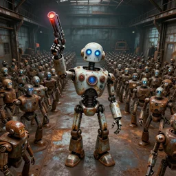 a deranged robot triumphantly holding a gadget, standing in front of hundreds of robots inside a huge rusty dingy warehouse, raygun gothic, atomic punk, digital art, detailed octane render, high angle