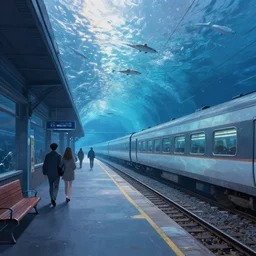 train station in aquarium, fantasy art style