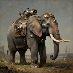 surrealist painting of a steampunk elephant