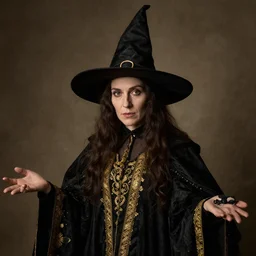portrait of a witch, dressed in black clothes, embroidered with gold, by donato giancola.