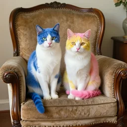 two cats on an old armchair, blue and white hair, yellow and pink hair, style of norman rockwell