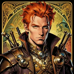 a detailed portrait illustration of a steampunk tech - sorcerer. handsome male face, ginger. art nouveau, pop art, comic book style. influenced by neil gaiman, h. p. lovecraft, dan mumford, brian froud, heade, killian eng, ross tran.