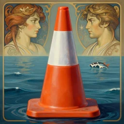 orange traffic cone with shark teeth, ocean background detailed atmospheric - ron cheng & alphonse mucha, highly detailed, digital painting, ray tracing, concept art, illustration, smooth sharp focus, intricate, symmetry, artstation,