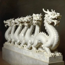 a line of detailed white stone diamond dragon statures, oil paint, classic art, 1 3 century style, volume light