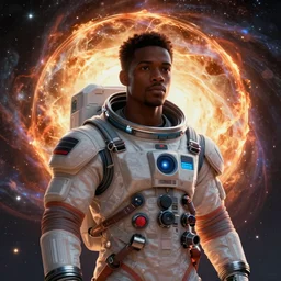 cinematic medium shot of handsome black man in an advanced spacesuit in front of exploding nebulae halos, digital illustration trending on artstation by artgerm and rutkowski