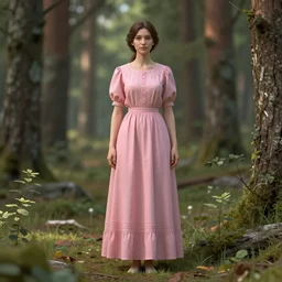 a woman in a pink dress standing in a forest, a character portrait by ilya kuvshinov, cg society contest winner, neo - romanticism, ilya kuvshinov, daz 3 d, polycount