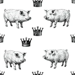 pigs and crowns on a white background, wallpaper, Illustration, Anatomical Drawing, Painting, black and white, high contrast