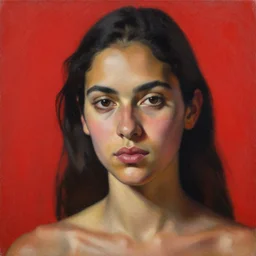 portrait of a latina woman, red background, ultra detailed, extreme close up, oil on canvas, dynamic, strong shadows, 4 k, illustration, by edward hopper, kehinde wiley, kadir nelson, john william waterhouse