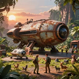 a huge futuristic rusty old alien spaceship, next to it a smaller exploration vehicle on a landing pad, surrounded by a lush alien jungle, in the foreground two explorers are arguing next to tiny animals!!, (the animals are walking around), sunset, volumetric light, hyperdetailed, artstation, cgsociety, 8k