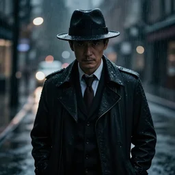 noir detective with rain in the background bokeh