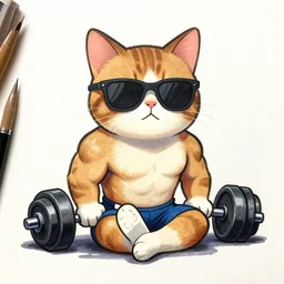 a colored caricature drawing of a cat that is a bodybuilder sitting on the floor with weights and wearing sunglasses