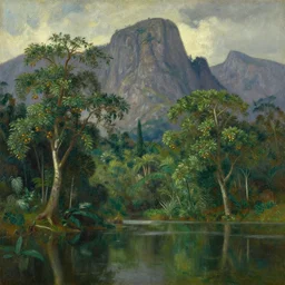 oil painting lanscape by anders zorn, jungle nature, fruit trees, very very very very beautiful art, dramatic light, water reflections, tall rocky mountains