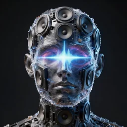 highly detailed surreal vfx portrait of a 3 d human head made of stacks of speakers. polyphonic pulse projections, liquid light, metallic, galactic, crystalline edges, elegant, centered hyperrealistic, octane render, inspired by james jean, okuda sam miguel, android jones, beeple, rhads nvidia raytracing demo, 8 k