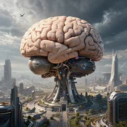 cult of technology, exterior, scifi, machines, artificial intelligence, ultra realistic, highly detailed, brain in a vat!!, futuristic landscape, beautiful, industrial, city, utopian architecture, coruscant, birds eye view, storm, atmosphere, masterpiece, epic lighting, bright, cinematic, art by jan urschel and neil blevins