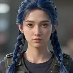 incredibly realistic, too detailed face of a security lady, indigo braids, cargo vest, octane render, bump mapping, macro image, global illumination, 8 k, bokeh, enki bilal, yuji himukai, jen zee, peter mohrbacher