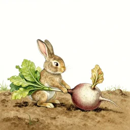 rabbit trying to pull a turnip from soil, by beatrix potter