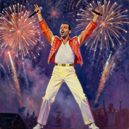 freddie mercury singing for the whole world, fireworks at the greatest festival of all time, by ross tran, oil on canvas