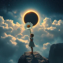 giant white daisy flower under the face, girl standing on cliff, surreal photography, solar eclipse, milky way, dramatic light, impressionist painting, clouds, digital painting, artstation, james gilleard, liam wong, jeremy mann, simon stalenhag